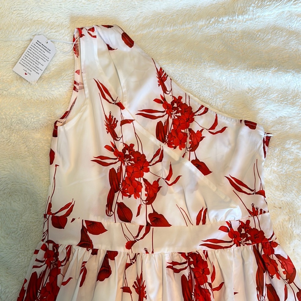 White and red floral one strap long dress with a slit